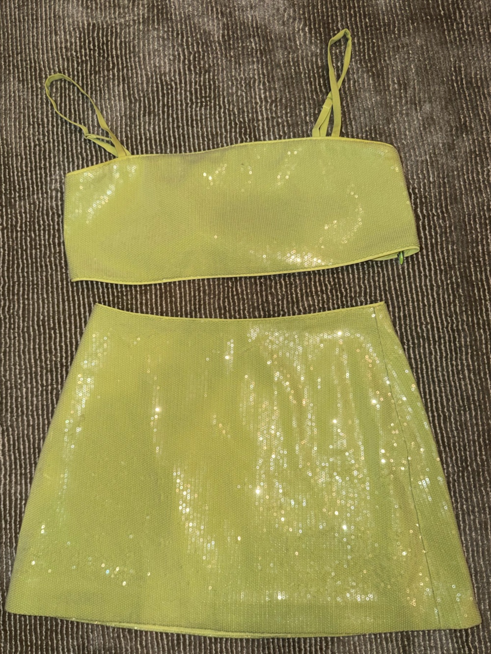 Reformation Lime Green Sequin Matching Set (Top: Size 2, Skirt: Size 0)